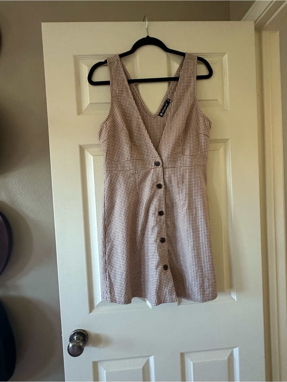 Sleeveless V-Neck Button-Front Mini Dress in Beige Gingham
